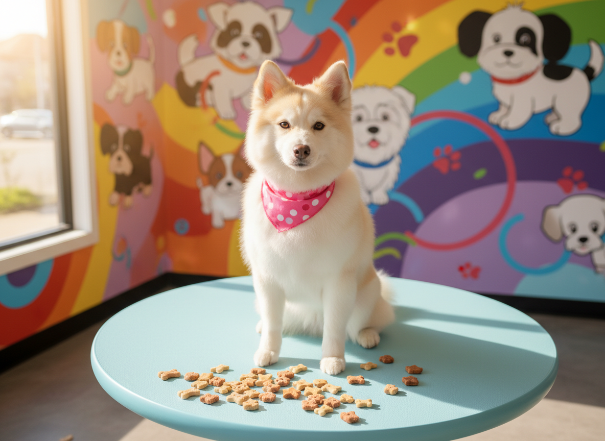 A fluffy, well-groomed pomsky with a perfectly trimmed coat and perky ears, wearing a bright pink polka-dot bandana. The dog is sitting upright on a round, oversized pastel-blue grooming table surrounded by scattered dog treats shaped like stars and bones. The background brims with vibrant, playful wall murals of small dogs and whimsical paw prints in rainbow colors. Sunbeams from a nearby window illuminate the scene, casting lively highlights and gentle, rounded shadows. Captured from a slightly elevated, eye-level angle for an inviting and energetic mood. The composition is bold, featuring rounded forms and bright, punchy colors in a cheerful, whimsical style to embody the store’s playful personality and appeal to pet owners.