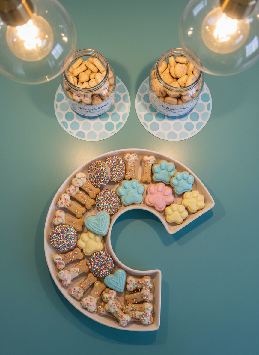 An assortment of colorful, gourmet dog treats arranged in a playful spiral on a curved white ceramic platter. Each treat boasts unique textures, from glossy yogurt-dipped bones to sprinkled biscuit bites and pastel frosted paw prints. The platter sits on a soft teal countertop with bubbly paw-printed placemats and curved jars filled with treats in the background. Warm, diffused pendant lighting overhead creates sparkling highlights and soft shadows, amplifying the treats’ appetizing detail. Photographed from a top-down, bird's eye view to showcase their variety and create an energetic, inviting composition. The image’s vibrant color palette and rounded forms reinforce the site’s bright, whimsical character, making it irresistible for pet lovers browsing Mika’s Place.