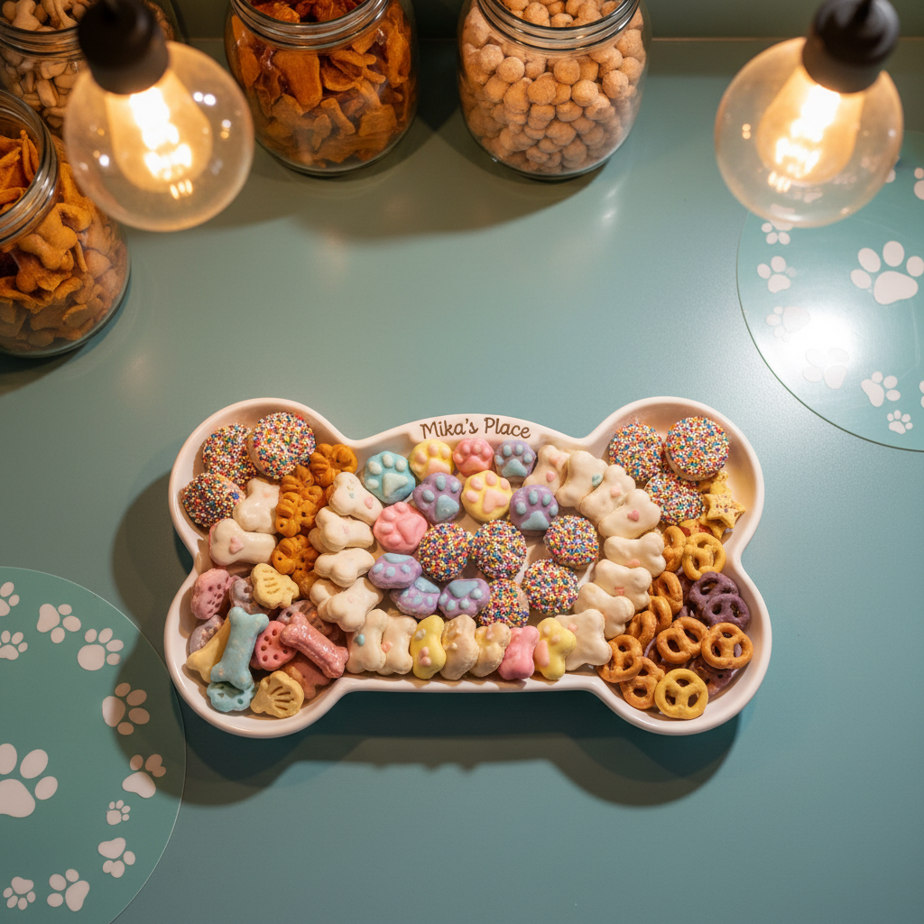 An assortment of colorful, gourmet dog treats arranged in a playful spiral on a curved white ceramic platter. Each treat boasts unique textures, from glossy yogurt-dipped bones to sprinkled biscuit bites and pastel frosted paw prints. The platter sits on a soft teal countertop with bubbly paw-printed placemats and curved jars filled with treats in the background. Warm, diffused pendant lighting overhead creates sparkling highlights and soft shadows, amplifying the treats’ appetizing detail. Photographed from a top-down, bird's eye view to showcase their variety and create an energetic, inviting composition. The image’s vibrant color palette and rounded forms reinforce the site’s bright, whimsical character, making it irresistible for pet lovers browsing Mika’s Place.