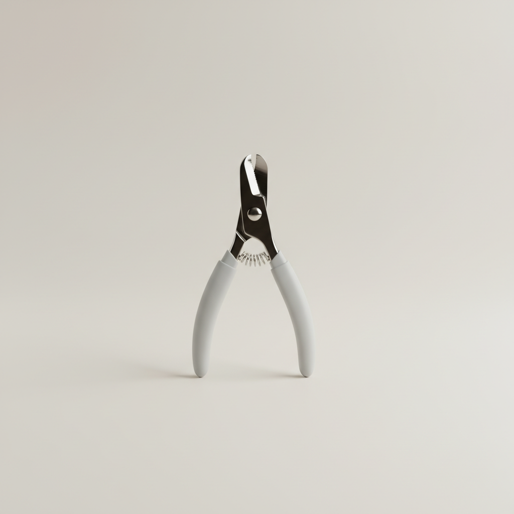 Professional e-commerce product photography of a **brandless** Tiny Dog Nail Clipping Scissors (Sharp, safe nail clippers designed for tiny paws.). The entire environment is a perfectly uniform, flat, solid color #EAE9E7 (light warm gray) with absolutely no gradient, vignette, spotlighting, texture, noise, or grain. The object is centered and tiny, occupying only 25% of the frame, surrounded by massive negative space. The background and floor are a seamless, infinite cyclorama of solid color #EAE9E7 with no horizon line, no corner, and no visible wall/floor transition. Lighting: ultra-even high-key with very strong global illumination and soft, multi-directional bounced fill (studio light tent look). Bright exposure (lifted midtones and shadows, low contrast), slightly overexposed overall while preserving product detail. Fully diffuse, no hard shadows, no cast shadows; at most a barely visible neutral contact shadow. No harsh specular highlights. Framing: simple 3/4 view. Perfectly centered. Style: ultra-clean, minimalistic. No logos, no text, no distractions. 8k resolution, sharp details on the object.