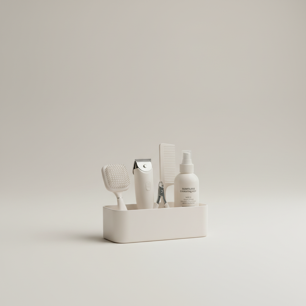Professional e-commerce product photography of a **brandless** Pomsky Grooming Kit Complete (All in one grooming set tailored for tiny dogs with soft coats and sensitive skin.). The entire environment is a perfectly uniform, flat, solid color #EAE9E7 (light warm gray) with absolutely no gradient, vignette, spotlighting, texture, noise, or grain. The object is centered and tiny, occupying only 25% of the frame, surrounded by massive negative space. The background and floor are a seamless, infinite cyclorama of solid color #EAE9E7 with no horizon line, no corner, and no visible wall/floor transition. Lighting: ultra-even high-key with very strong global illumination and soft, multi-directional bounced fill (studio light tent look). Bright exposure (lifted midtones and shadows, low contrast), slightly overexposed overall while preserving product detail. Fully diffuse, no hard shadows, no cast shadows; at most a barely visible neutral contact shadow. No harsh specular highlights. Framing: simple 3/4 view. Perfectly centered. Style: ultra-clean, minimalistic. No logos, no text, no distractions. 8k resolution, sharp details on the object.
