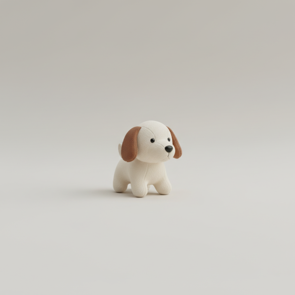 Professional e-commerce product photography of a **brandless** Mini Plush Dog Toy for Small Breeds (Durable, gentle squeaker toy sized for pomskies and pups.). The entire environment is a perfectly uniform, flat, solid color #EAE9E7 (light warm gray) with absolutely no gradient, vignette, spotlighting, texture, noise, or grain. The object is centered and tiny, occupying only 25% of the frame, surrounded by massive negative space. The background and floor are a seamless, infinite cyclorama of solid color #EAE9E7 with no horizon line, no corner, and no visible wall/floor transition. Lighting: ultra-even high-key with very strong global illumination and soft, multi-directional bounced fill (studio light tent look). Bright exposure (lifted midtones and shadows, low contrast), slightly overexposed overall while preserving product detail. Fully diffuse, no hard shadows, no cast shadows; at most a barely visible neutral contact shadow. No harsh specular highlights. Framing: simple 3/4 view. Perfectly centered. Style: ultra-clean, minimalistic. No logos, no text, no distractions. 8k resolution, sharp details on the object.